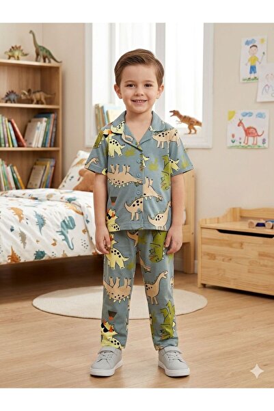 SERRASTIL Erkek Çocuk Dinazor Desenli Pamuklu Düğmeli Kısa Kollu Pijama Takımı