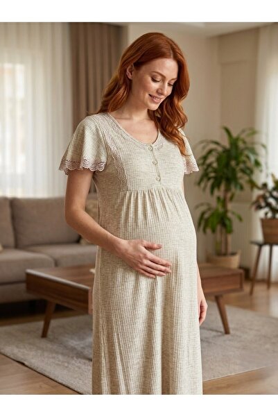 Lohussa New Season Ecru Short Sleeve Summer Nightgown with Buttons and Lace D...