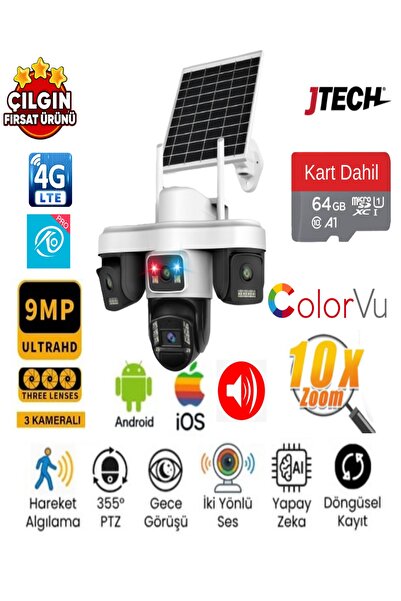 jtech O-KAM OK-301 PREMiUM (3+3+3) AOV 9MP 4G Sim Kartlı Solar Panelli 3 Lens...