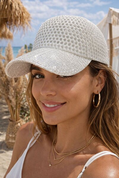 MARBERRY White Glittery Mesh Straw Cap Women's Hat