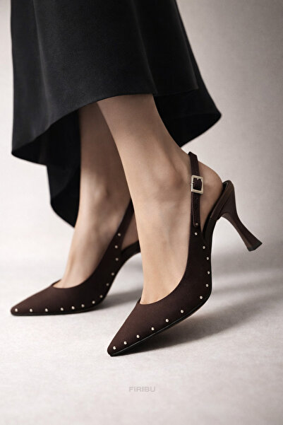 Firibu Kadın Kahverengi Slingback Stiletto Topuklu Ayakkabı Şık Davet Ofis Gü...