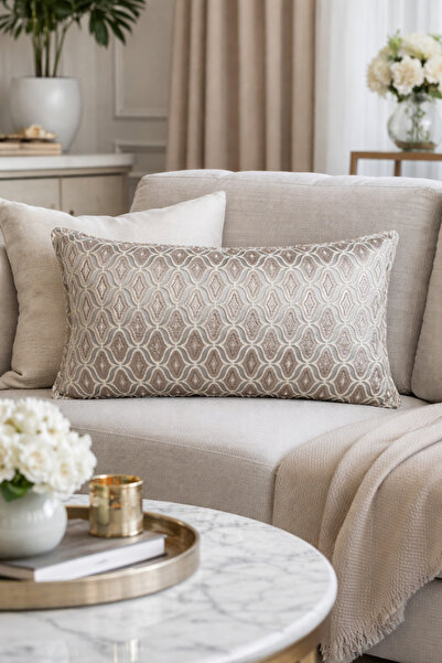 Tasarım Luxurious Woven Cushion Cover, Cream-Mink Tones, Modern and Elegant C...