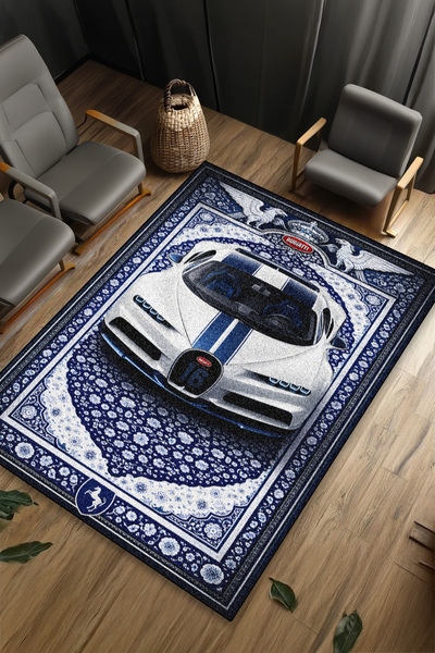 gxe.art BUGATTİ CHİRON Araba Desenli Halı Dijital Baskı Yıkanabilir Kaymaz Ta...