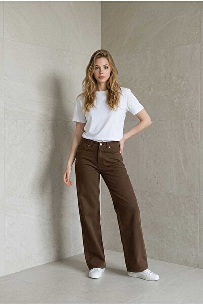 mooishan Jeans Women's Non-Fading Brown High Waist Lycra Loose Jeans Palazzo ...