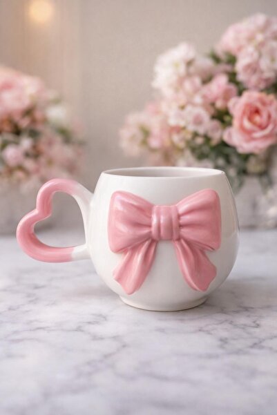 İZart Heart Handle 3D Pink Bow D Patterned Special Embossed Fully Handmade Ce...