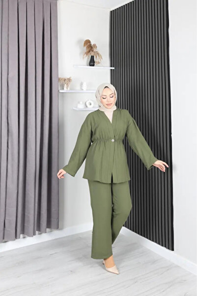 Marjinal Women's Muslin Elastic Waist Pants and Jacket Set