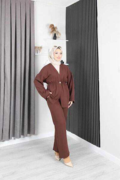 Marjinal Women's Muslin Elastic Waist Pants and Jacket Set