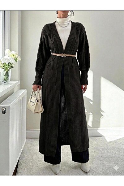 yardıtekstil Beltless Patterned Long Winter Premium Knitwear Cardigan 100% Ac...