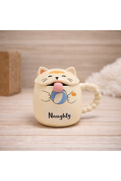 hediyeconcepti Cute Cat Design Mug with Lid Ceramic Coffee Cup Gift