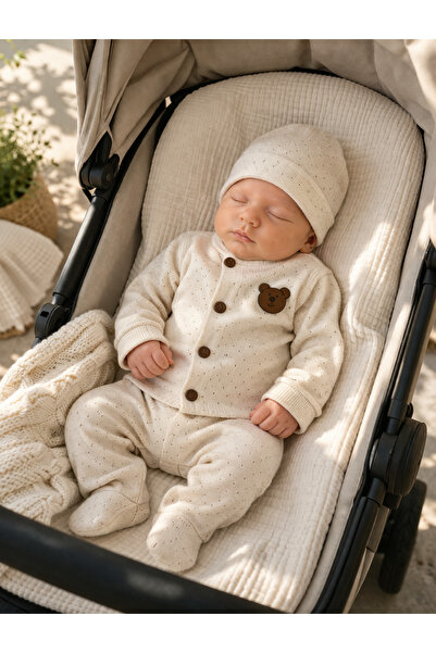 My Babies Label طقم جاكارل للأطفال حديثي الولادة - طقم مكون من قطعتين وقبعة مع تفاصيل على شكل دمية دب، مصنوع من القطن بنسبة 100%