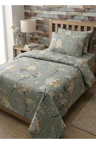 mihriban Single Duvet Cover Set with Wildflower Pattern Green (Without Sheet)