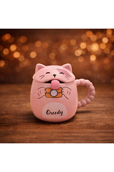 hediyeconcepti Cute Cat Design Mug with Lid Ceramic Coffee Cup Gift