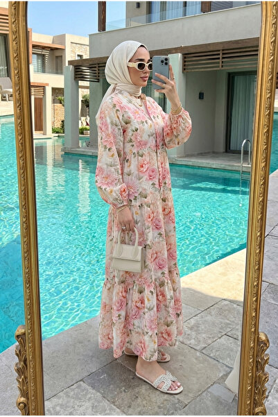 Kirazca Butik Floral Patterned Layered High Collar Long Dress