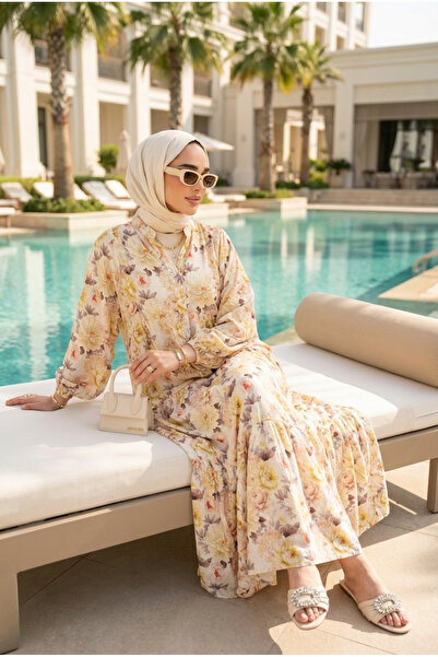 Kirazca Butik Floral Patterned Layered High Collar Long Dress