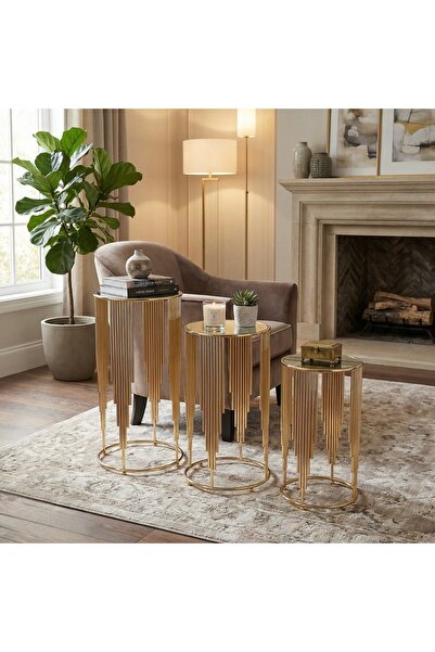 NO BRAND ÇELİK AYNALI GOLD ZİGON SEHPA TAKIMI