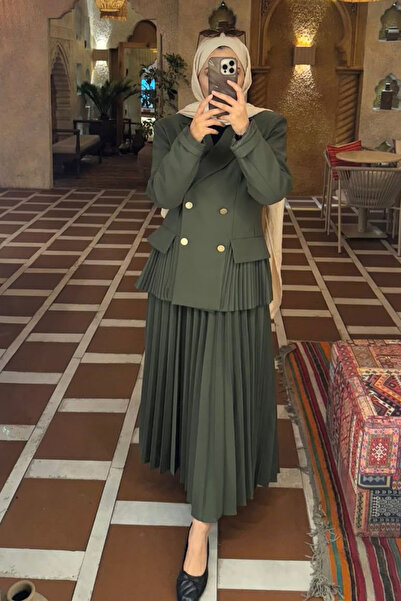 TANISA Khaki Farima Jacket with Button Detail and Pleated Skirt Set Tns-4376