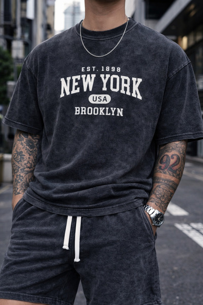 ship master Unisex New York Brooklyn Written T-Shirt Shorts Set 100% Cotton O...