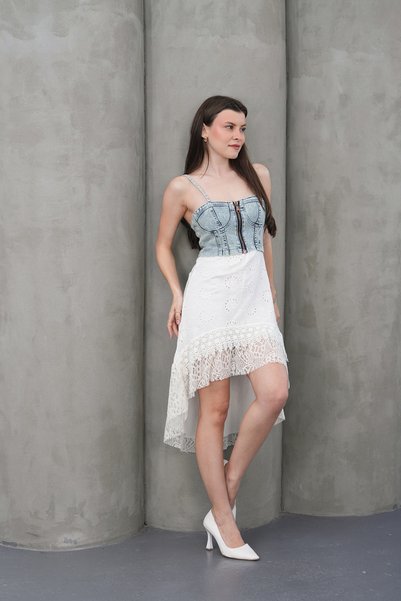 jeanlog Denim Top Lace Dress Zipper Closure Lined Non-See-Through Design Lycra Denim