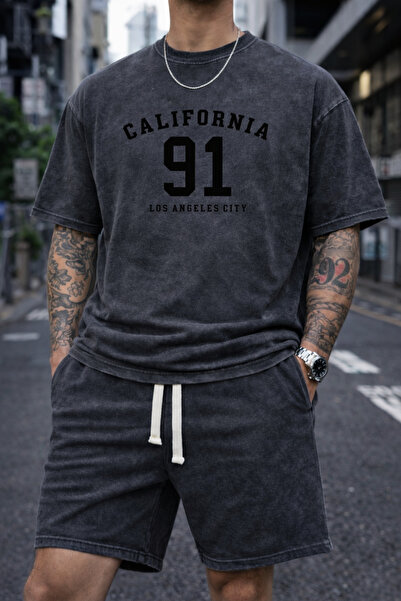 ship master Unisex California 91 Printed T-Shirt Shorts Set 100% Cotton Overs...