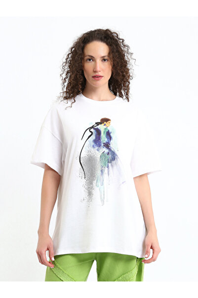 LC Waikiki Tricou de damă cu guler rotund cu imprimeu supradimensionat