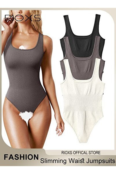 RIOXS 3 Pieces Women's Camisole Bodysuit Set, Sleeveless Scoop Neck High Wais...