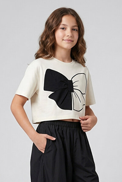 Dmb Момичешка лятна тениска с къс ръкав, кроп кройка и апликация с панделка