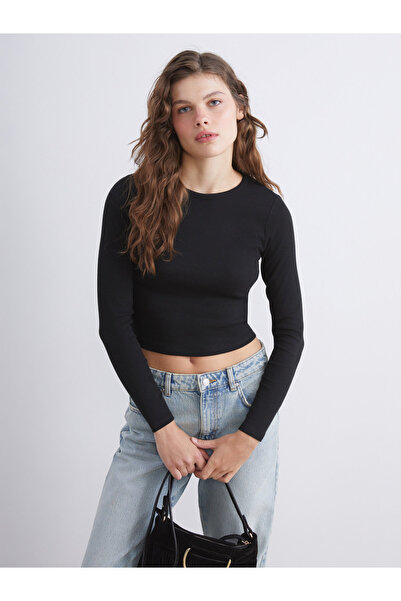 LC Waikiki Crop top de damă, simplu, cu guler rotund și mânecă lungă