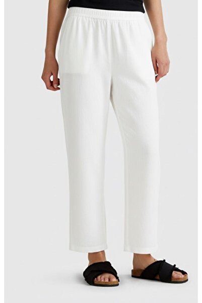 United Colors of Benetton Pantaloni albi 100% in, cu talie elastică, croială ...