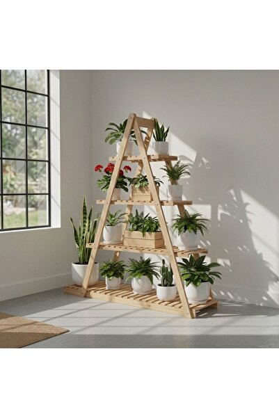 Ev dekka Doğal Ahşap 5 Katlı Merdiven Çiçeklik - 150x150 cm Taşınabilir Saksı...