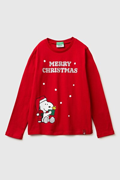 United Colors of Benetton Tricou cu mânecă lungă, cu imprimeu de Crăciun, roș...