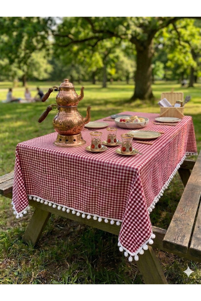 ARS HOME COLLECTION 170X170 Tablecloth with Pom Poms, Table Cover, Picnic Cover