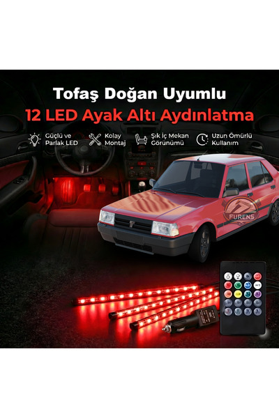 Furens Tofaş Doğan Uyumlu RGB Ayak Altı LED 12 Led Kumandalı Müzik Duyarlı Ar...