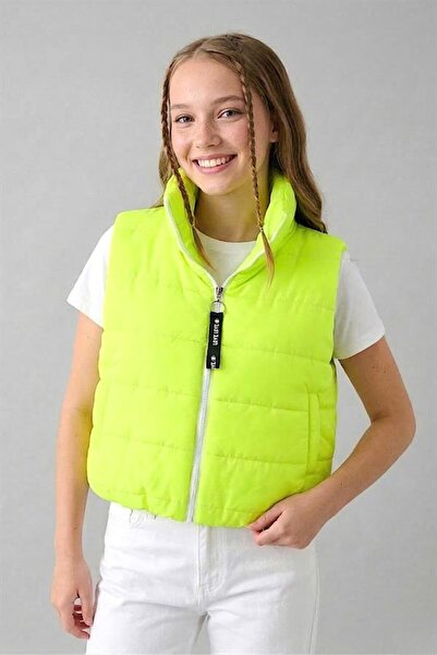 MODANI SEÇ Girl's Neon Green Puffy Vest with Stone Print on the Back and Stan...