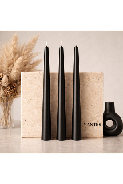 VANTES 3’lü Siyah Şamdan Mum Seti – Mat Premium Dekoratif Uzun Mum | Salon, M...