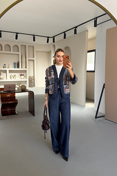 Sezgi Tekin Denim Navy Blue Palazzo Trousers with Elastic Waist