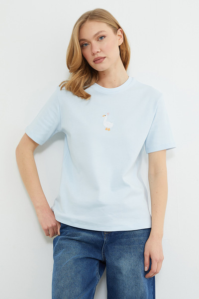 Fulla Moda Duck Embroidered Crew Neck Casual T-Shirt
