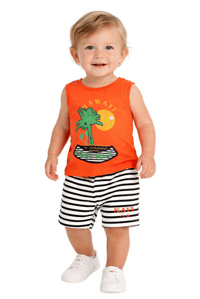 onymino Baby Boy Orange Hawaiian Printed Tank Top & Striped Shorts 2-Piece Se...