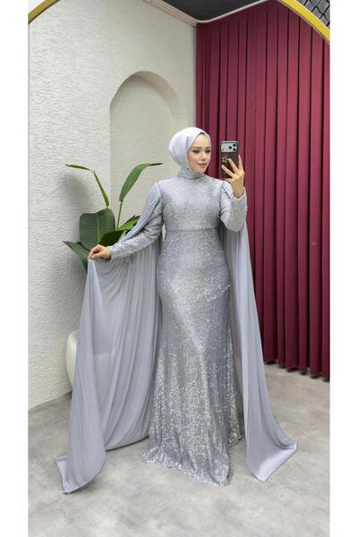 Kalemen Moda Duru Taş Detaylı Abiye 8057 Gri