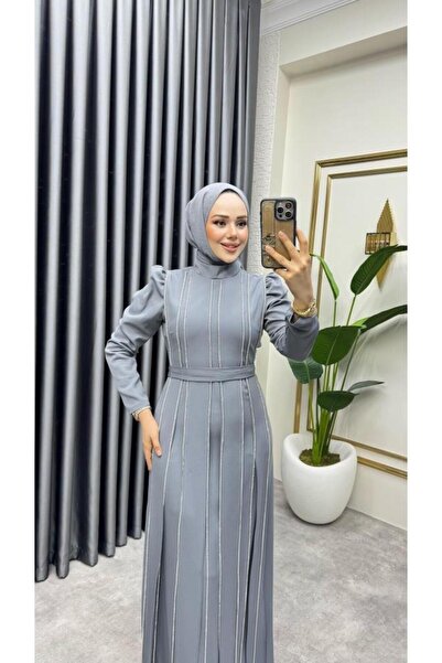 Kalemen Moda Pırlanta Taşlı Krep Abiye 8003 Gri