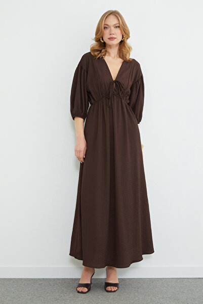 Fulla Moda Maxi Length Dress with Elastic Waist in Front Tie-Detail