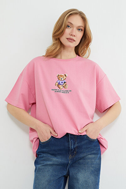 Fulla Moda Oversize T-Shirt with Teddy Bear and Text Print