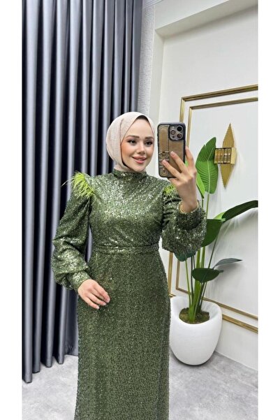 Kalemen Moda Omuzu Tüy Detaylı Taşlı Abiye 8011 Haki