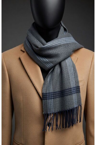 Suffa Men's Worsted Wool Scarf – Classic Striped Design-Grey-Blue