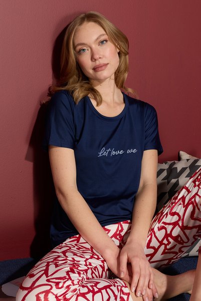 Fulla Moda Heart Pattern Crew Neck Pajamas Set