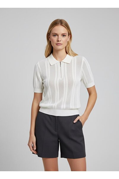 Arbucky Women's Polo Collar Openwork Zippered Knitwear Blouse