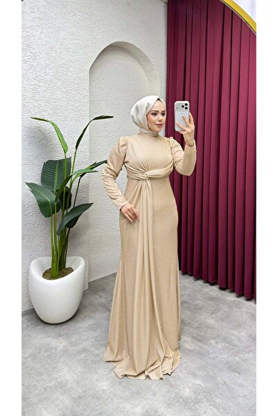 Kalemen Moda Rüya Serpme Taşlı Elbise 8084 Vizon