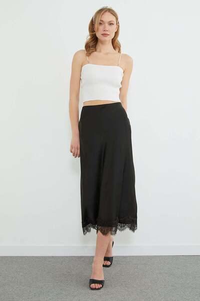 Fulla Moda Fusta din satin cu dantelă, lungime midi