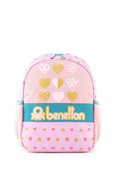 United Colors of Benetton حقيبة رياض الأطفال بينيتون مطبوعة بنمط قلب وردي للن...