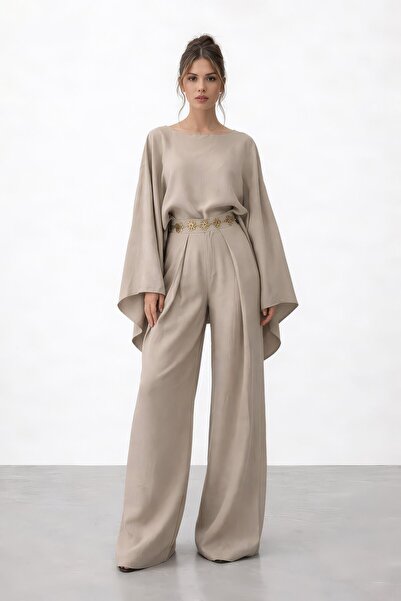 VAGGON Set cu mâneci liliac, decolteu tip crew, talie elastică și pantaloni l...