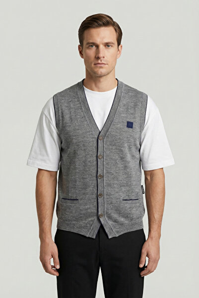 Sabri Özel Giotelli Men's Grey-Navy Blue Standard Fit Wool Blend Buttoned Kni...